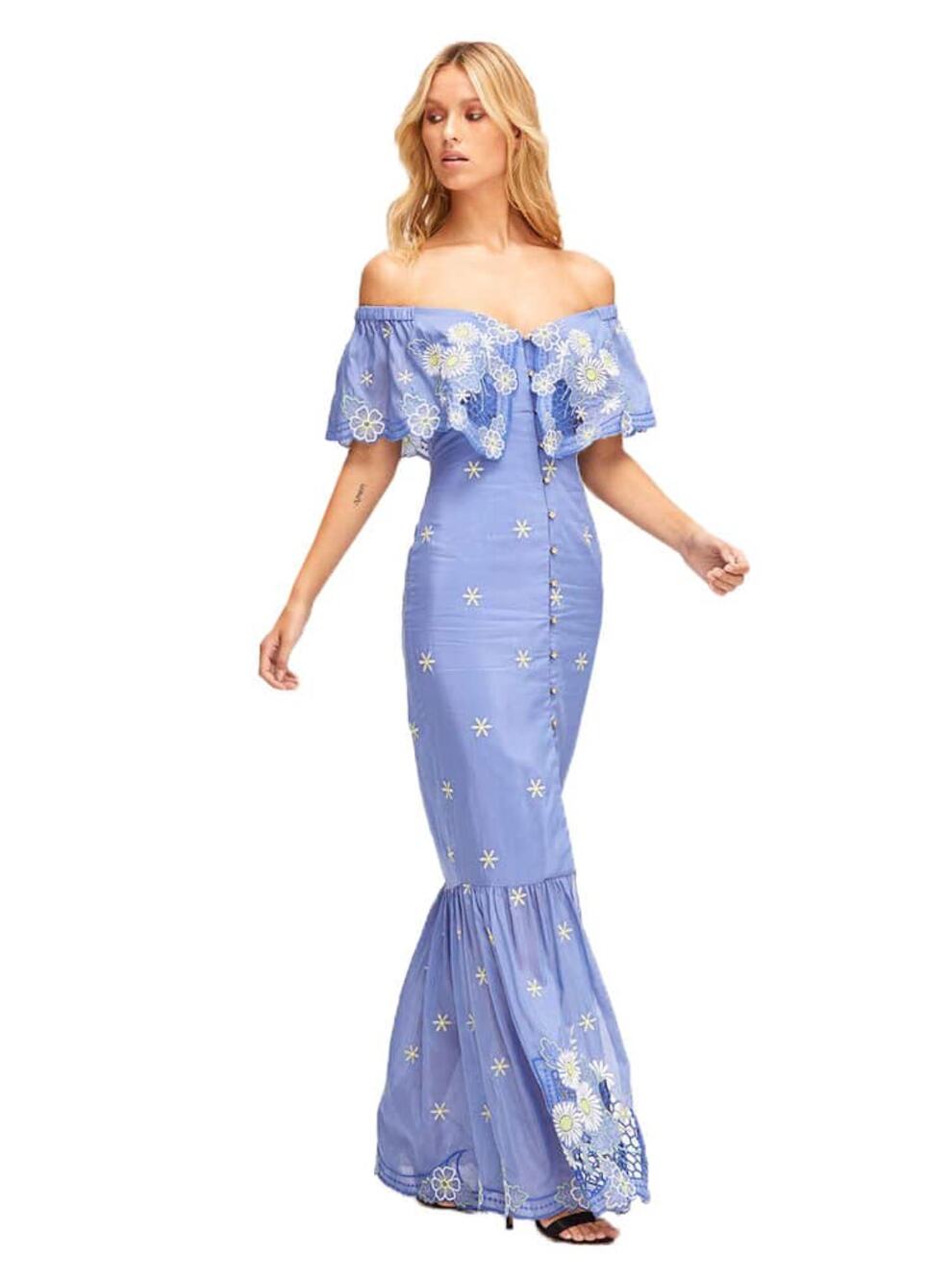 Alice McCall Blue Honeycomb Floral Daisy Embroidered Midi Dress Size US 6